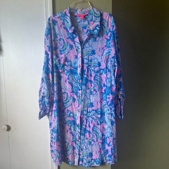 Lilly Pulitzer Blue Pink  Floral Tunic Cover Up Dress Sz XL - Picture 6 of 13